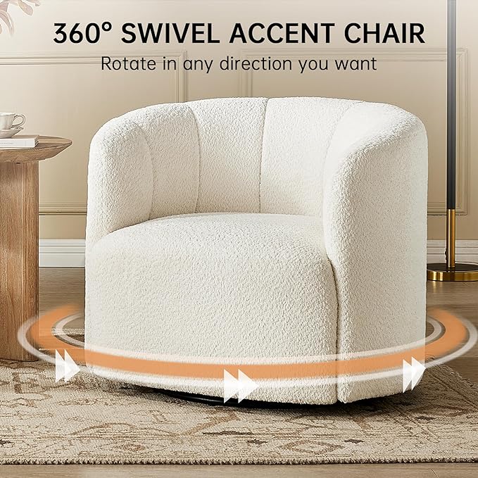 Swivel Accent Chair No Assembly Required Upholstered Boucle Fabric Barrel Chair for Living Room Set of 2 Beige