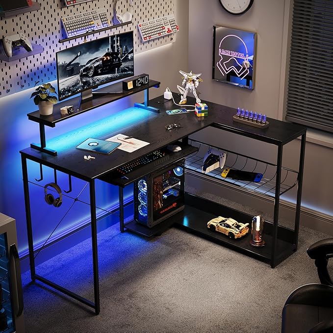L Shaped Gaming Desk with Power Outlets &amp RGB Lights 46'' L- Shaped Desk Computer Corner Desk with Monitor Stand &amp Storage Shelf &amp Hook Home Office Desk Writing Desk Black