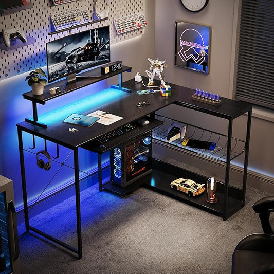 L Shaped Gaming Desk with Power Outlets &amp RGB Lights 46'' L- Shaped Desk Computer Corner Desk with Monitor Stand &amp Storage Shelf &amp Hook Home Office Desk Writing Desk Black