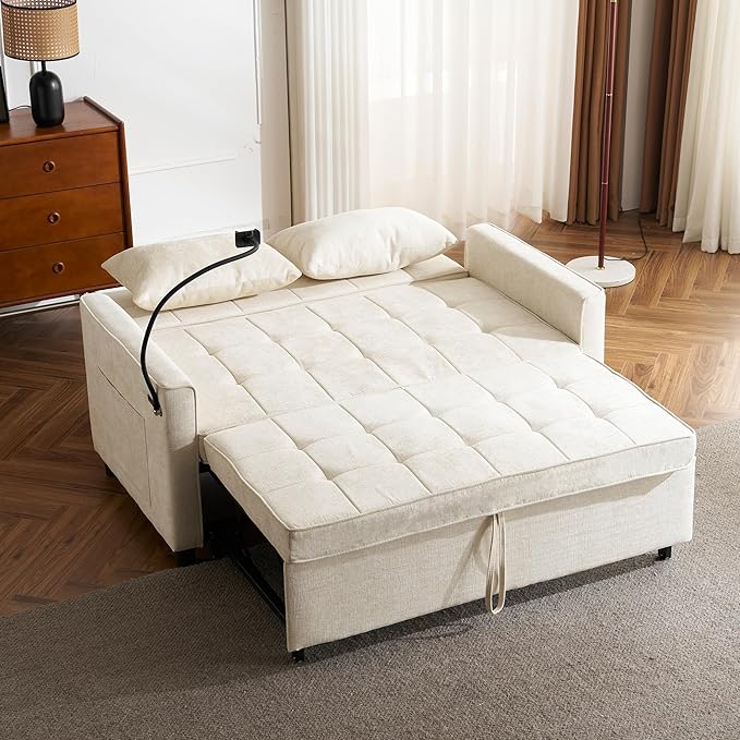 Anwick Modern 56.9 Convertible Sleeper Sofa Bed 3 in 1 Comfy Velvet Loveseat Sleeper Chair BedAdjustable BackrestTwo USB Ports and Phone HolderPull Out CouchLoveseatSectional Sofa Bed (Beige)