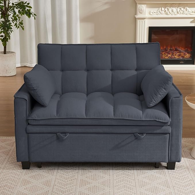 Sleeper Sofa with Pull Out Couch Bed 48.43 Convertible Pull-Out Sofa Bed Chair 3-in-1 Futon Couch with Reclining Backrest and Side Pockets for Living Room Bedroom Apartment Dark Grey