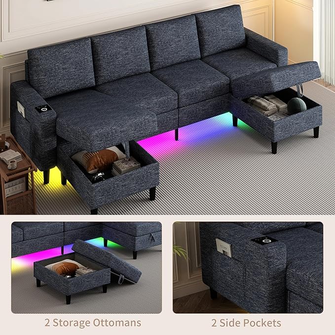 Sectional Couches for Living Room 4 Seat Sectional Sofa with Smart Module-Wireless Charging/USB/Type-C/RGB Light U Shaped Couch with Reversible Chaise Lounge/Storage Ottoman (Blue)