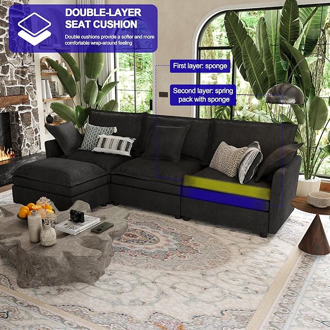 112 Inch Dark Grey Cloud Sectional Couch - Wide Pillow Edge Chenille Comfy Upholstered 3 Seater Modular Sofa with Ottoman L Shaped Couches for Living Room Apartment Office