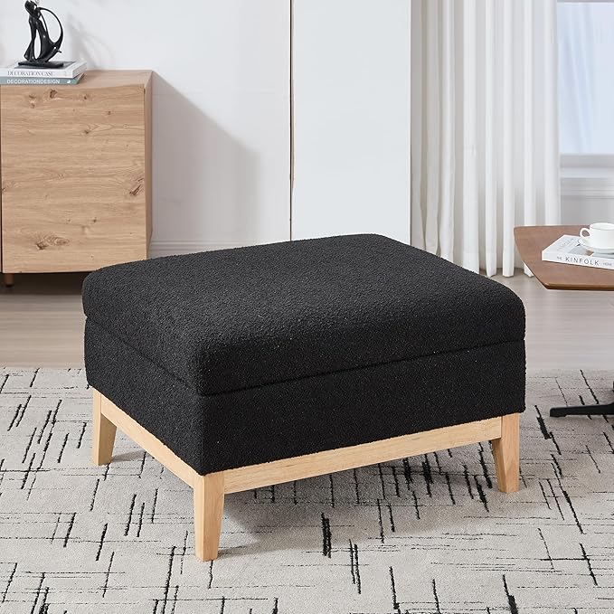 Wood Base Accent Arm Chair with Ottoman and Bolster PillowsStorage Footstool with Reversible Lid Coffee Table for Living Room Office (33.86W Black Foot Stool+Natural Base)