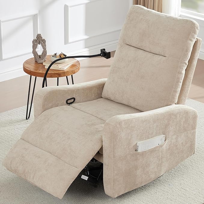Oversized Recliner Chair Swivel Rocking Chair Reclining with Phone Holder Ergonomic Lazy Boy Fabric Sofa Chair with Lumbar Support Manual Glider Chair for Living Room RV Beige