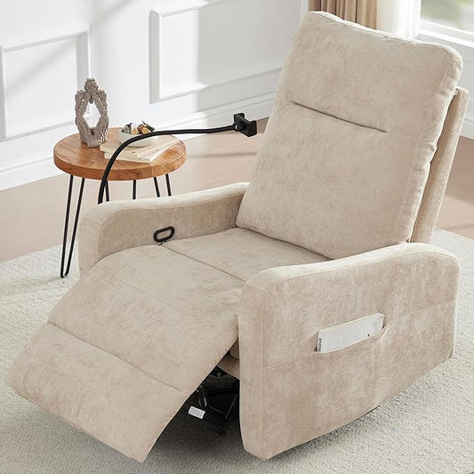 Oversized Recliner Chair Swivel Rocking Chair Reclining with Phone Holder Ergonomic Lazy Boy Fabric Sofa Chair with Lumbar Support Manual Glider Chair for Living Room RV Beige
