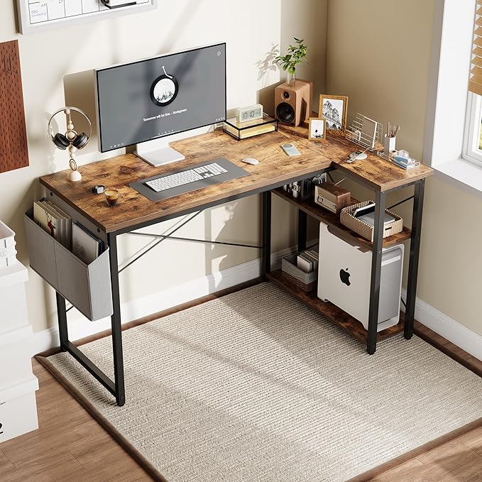 Grandder L Shaped Computer Desk with Reversible Shelves 40 Inch Small Corner Desk with Storage Bag Gaming Desk Computer Table Study Writing Desk for Home Office Small Space Rustic Brown