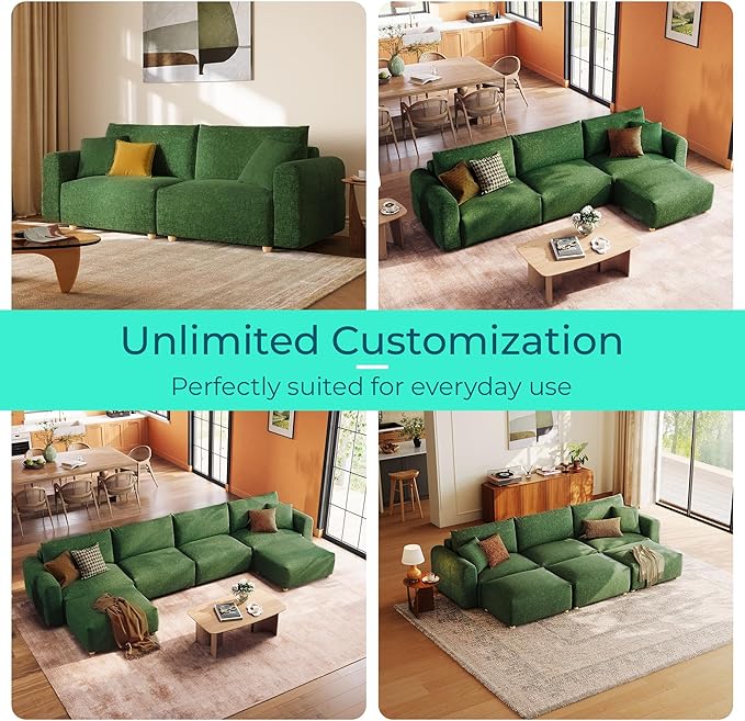 LINSY HOME Modular Sectional Cloud Couch 109 Ultra Soft Loveseat with Versatile Console and Removable Ottomans Soft Convertible Sectional Sofa Sets for Living Room Apartment Home Theater Green