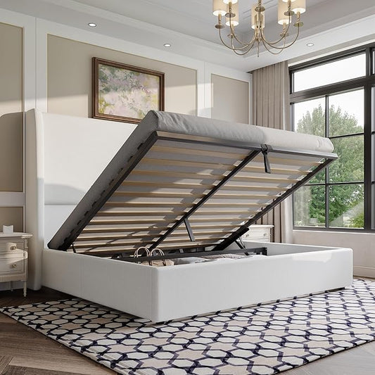 AMERLIFE Lift Up Storage Bed Queen Size Linen Upholstered Platform Bed Frame Hydraulic Storage No Box Spring Needed White