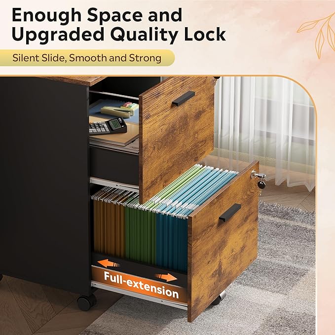 DEVAISE 2 Drawer File Cabinet Mobile Printer Stand Wood Filing-Cabinet fits A4 or Letter Size for Home Office Rustic Brown