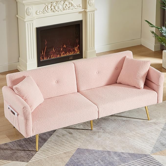 Pink Futon Sofa Bed Loveseat with Adjustable Backrest and Armrests Teddy Couch with Pillows and Side Pocket for Small Spaces Living Room Apartment Or Office (Pink)