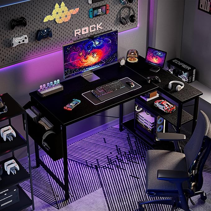 Grandder L Shaped Computer Desk with Reversible Shelves 47 Inch Small Corner Desk with Storage Bag Gaming Desk Computer Table Study Writing Table for Home Office Bedroom Small Space Black