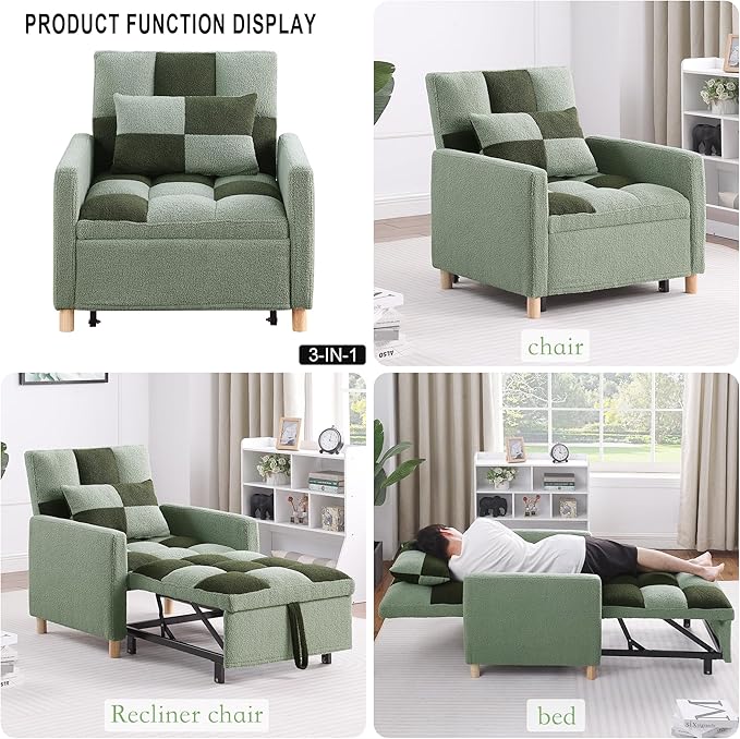 Sleeper Chair Bed Multi-Functional Convertible Chair Sleeper Teddy Fabric Adjustable Single Pull Out Sofa Bed with Lumbar for StudioApartment BedroomLiving Room (Green)