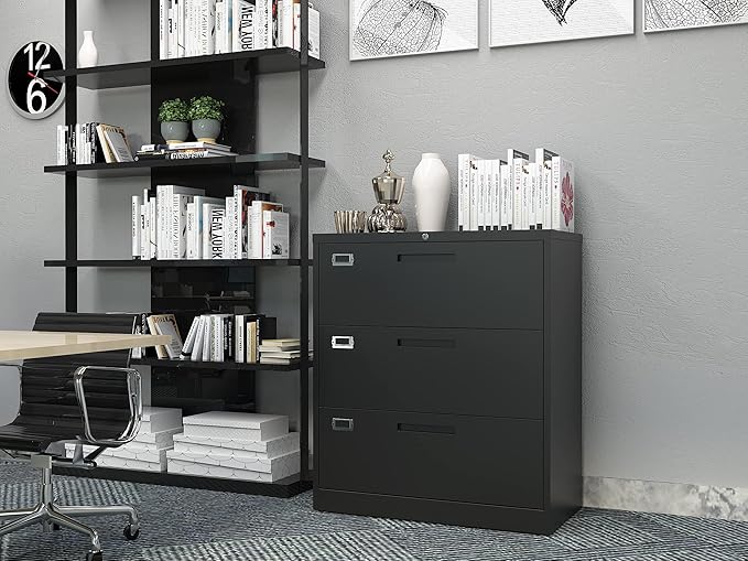 Lateral File Cabinet with LockMetal Filing Cabinet with 3 DrawerSteel Lateral File Cabinet for Legal/Letter A4 SizeWide File Cabinet for Office HomeAssembly Required