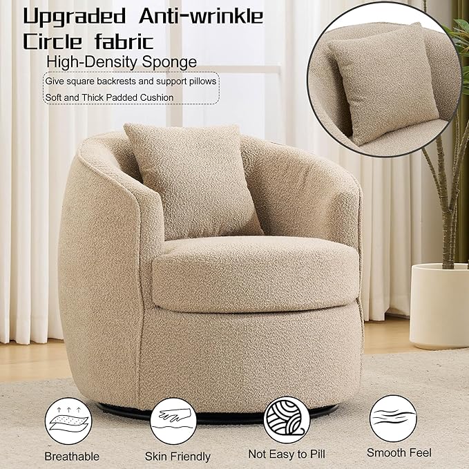 Swivel Barrel Chairs 32 Inches Wide No Assembly Round Upholstered Armchairs Accent Chairs Single Sofa Chair for Living Room (Light Brown Set of 2)