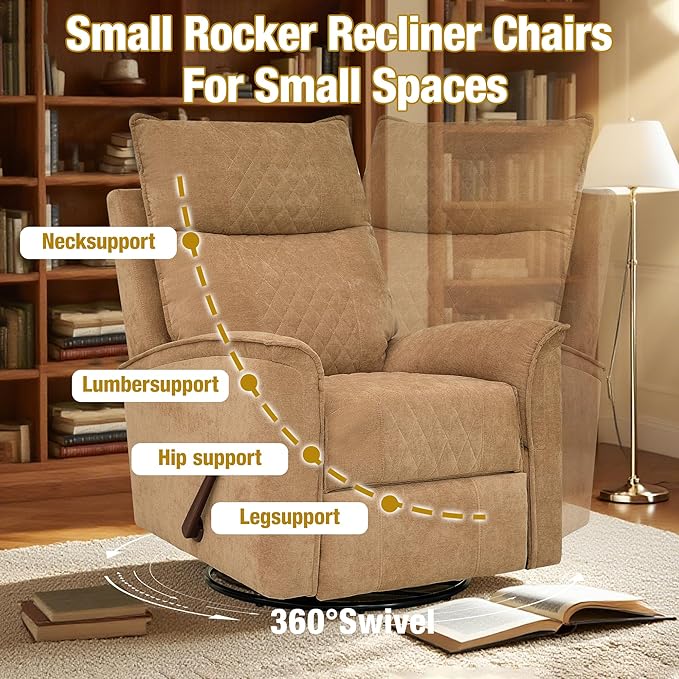 Swivel Rocker Recliner Chair for Adults Rocking Chair Small Swivel Recliner for Small Spaces Living Room Bedroom RV(Khaki)