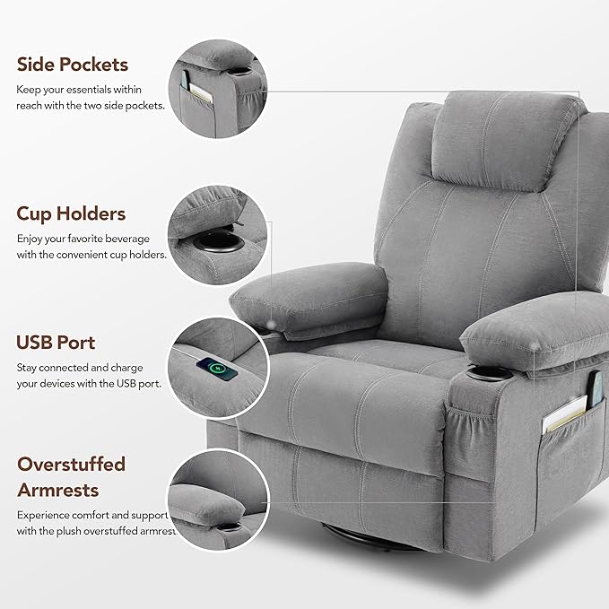 Swivel Rocker Recliner Chair with Heat and Massage Big Oversized Rocking Single Sofa for Living Room 360 Degree Swivel Recliner Chair with Cup Holders and USB Port (Fabric Grey)