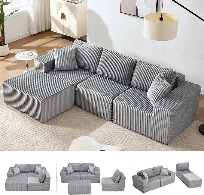 101.5'' Modular Sectional Sofa Cloud Sectional Couch with Deep Seat Comfy Fluffy L Shaped Couches Memory Foam Sofa with 1 Ottoman Corduroy Boneless Couch No Assembly Required Light Gray