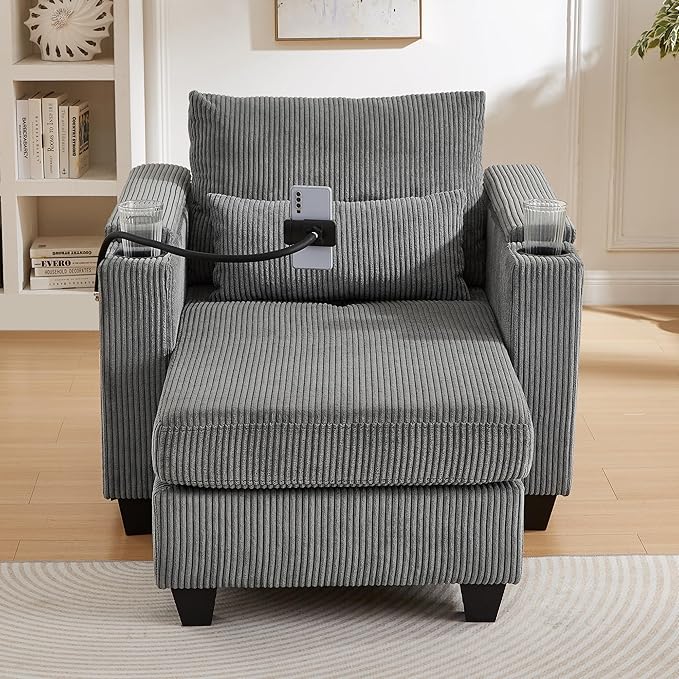 Merax Modern Upholstered Indoor Chaise Lounge with Pillows Charge Station &amp Cup Holders Single Sofa Couch with Armrest and Soild Legs Easy Assemble Gray