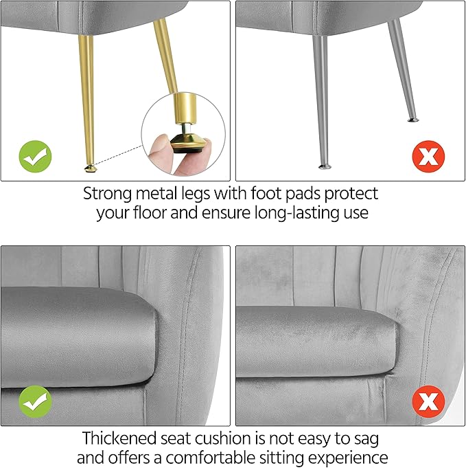 Yaheetech Modern Vanity Chair Velvet Soft Accent Chair with Gold Metal Legs Tufted Armchair Chaise Lounge for Living Room/Bedroom Gray