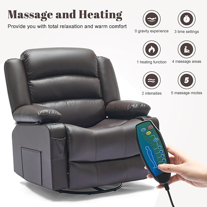 Oversized Recliner Chair with Heat and Massage 360° Swivel Nursery Rocking Chairs for Adults Recliner Single Sofa Seat with Cup Holders Lazy Boy Recliner Single Sofa (Oversized Manual Darkbrown)