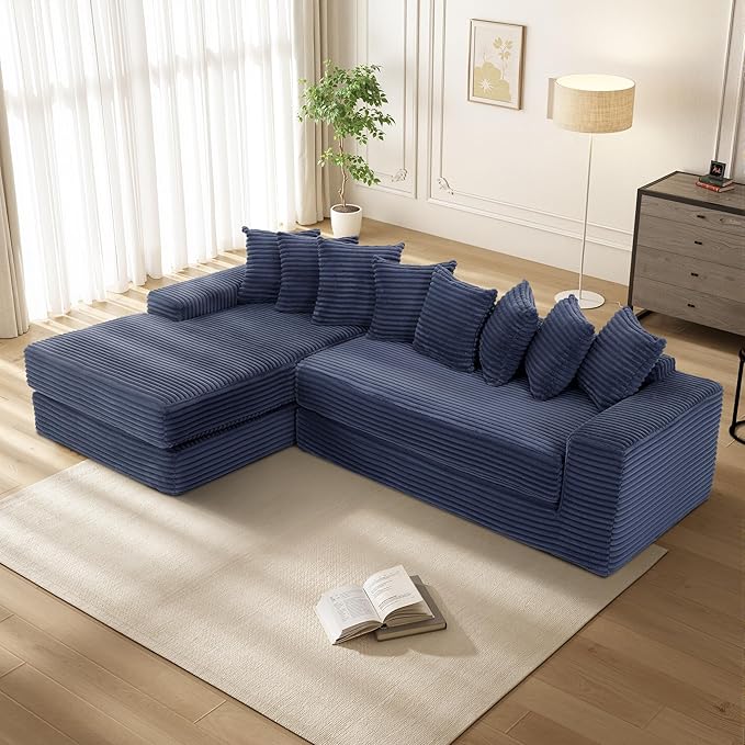 110 Boneless Couches for Living Room Cloud Modular Sectional Sofa Bed Customizable Convertible Sleeper Sofa Plush Corduory Folding Futon Floor Couch No Assembly(BlueLeft)