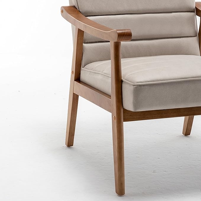 Unique Mid Century Modern Accent Chair with Open-Framed Armchair Design Plush Foam Cushioning and Leather-Look Microfiber Seat and Back Cushions Beige