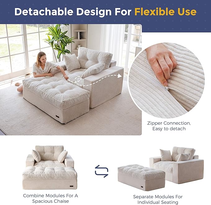 MAXYOYO Modular Sectional Chaise Lounge Sofa Upholstered Lounge Chair with Ottoman Comfy Couch with Layered Cushion Tufted Upholstered Sleeper Chair for Living Room No Assembly Beige