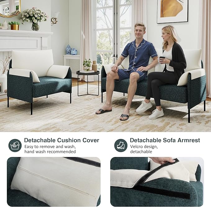 LSSPAID Upholstered Sofa Set for Living Room 2-Piece Loveseat &amp Armchair with Metal Legs Modern Accent Furniture for Apartment Office Small Space Dark Green