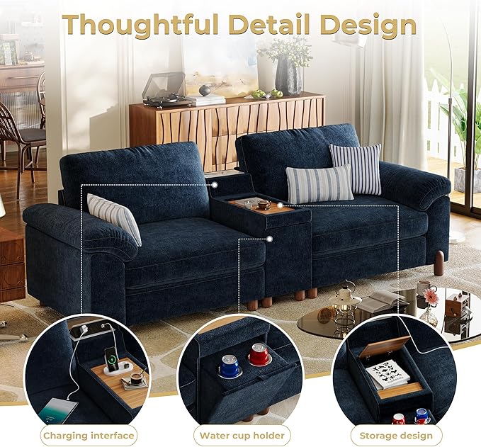 SITJOY 100 Oversized Sectional Couches for Living Room Extra Large Deep Seat Couch with Washable Covers Versatile Console Charging Ports Storage and Cupholders Loveseat Chenille in Blue