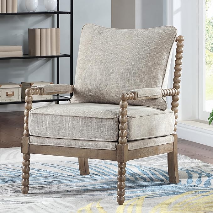 DUHOME Linen Fabric Spindle Accent Chair with Wood FrameModern Accent Chairs with Padded Spring Seat and Brushed White Base for Living Room Bedroom Farmhouse Home Office Belcony