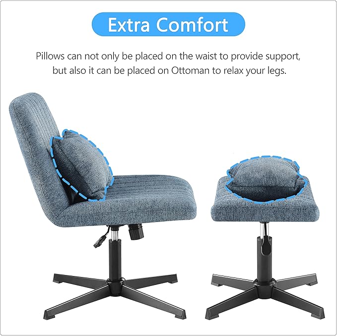 Art Leon Desk Chair No Wheels - with Ottoman and Lumbar Pillow Armless Office Chair No Wheels Criss Cross Chair Modern Swivel Height Adjustable Wide Seat Computer Task Vanity Chair Indigo Linen