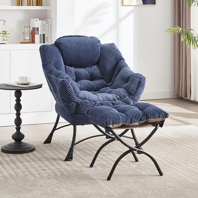 Lazy Chair with Ottoman Set Modern Lounge Upholstered Accent Sofa Chair with Armrests and Side Pocket for Small Space Bedroom Living Room Dorm Rooms Garden Navy Blue