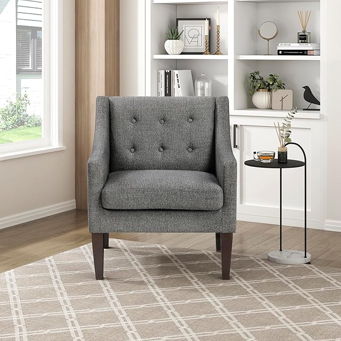 Lexicon Living Room Accent Chair Textured Fabric Upholstered Arm Chair with Button Tufted Back Sloped Arms and Wooden Legs Dark Gray