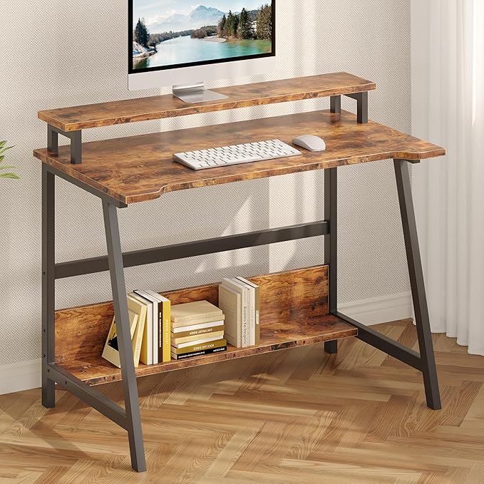 ALISENED 31.5 Inch Small Office Desk with Storage Small Desk for Small Spaces Compact Home Office Desk Mini Study Desk for Bedroom Brown