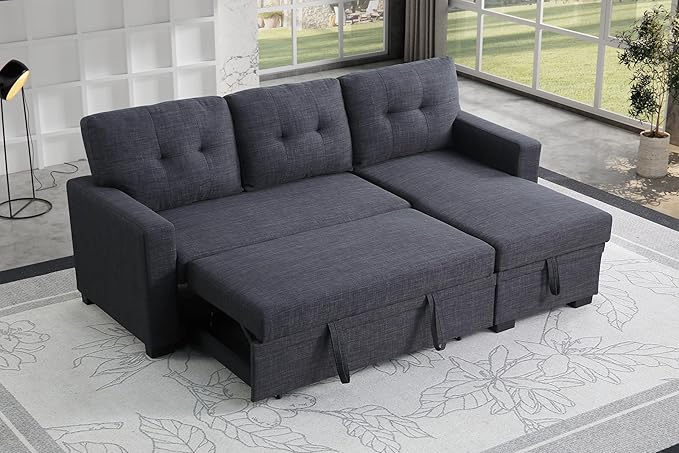 Ball &amp Cast L-Shape Reversible Sectional Sleeper Sofa Bed 4 in 1 Pull Out Couch with Storage Chaise &amp Removable Back CushionsConvertible Sleeper Corner Couch Pull-Out Sofa Bed for Living Room