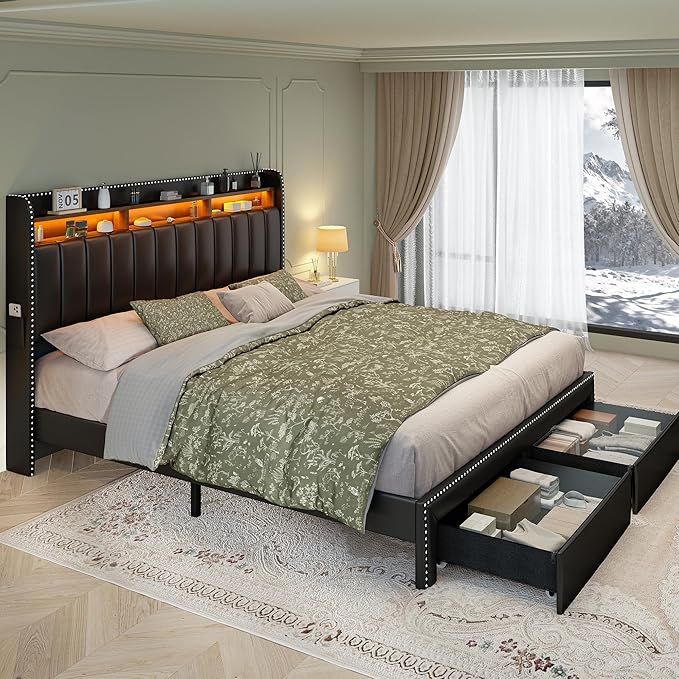 Torana King LED Bed Frame with 2 Drawers PU Leather Upholstered Storage Wingback Headboard Beds Channel Tufted Platform Bedframe with Rivet Decor No Box Spring Needed Black