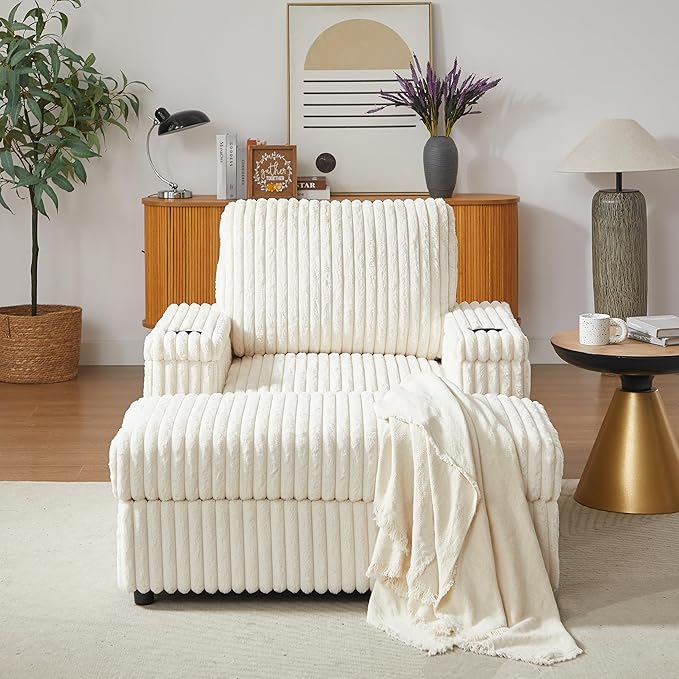Eafurn 42.5 Oversized Accent Chair with Storage Ottoman Convertible Chaise Lounge Corduroy Cloud Sofa Chair w/Cupholders Modern Extra Wide Armchair