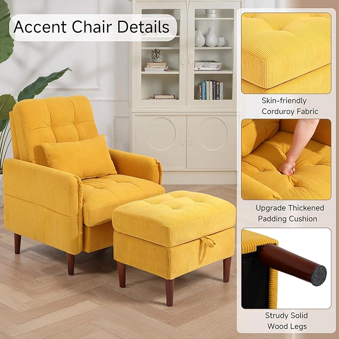 Lumibee Accent Chair with Storage Ottoman Upholstered Comfy Reading Chair with Adjustable Reclining Backrest Corduroy Fabric Lounge Chair Armchair for Living Room Bedroom Set of 2 Orange