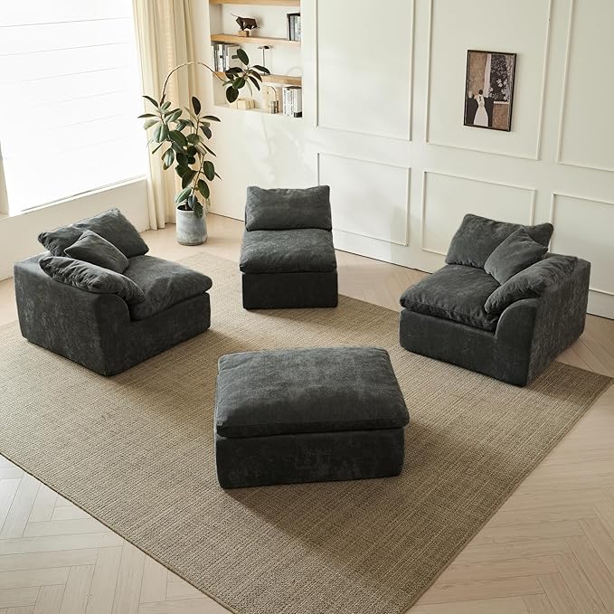 109 Cloud Sectional Couches for Living Room Convertible L-Shape Boneless Couch with Ottoman 3 Seater Compressed Sofa Modular Sectional Sofa (Black)