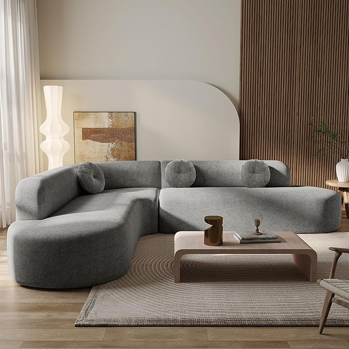 Mirod 122'' Extra Large Sectional Sofa Soft Fabric Upholstery Elegant Curved Design with Three Round Cushions Supportive Comfort Foam for Ultimate Relaxation (Grey@040)