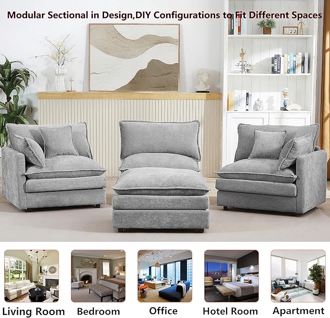 102 L-Shaped Sofa for Living RoomModular Sectional Cloud Sofa Couch with OttomanModern Chenille 3 Seater Sofas with Deep SeatSmall L Shaped Couches for Bedroom (Grey 102)