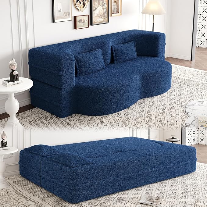 2 in 1 Convertible Folding Sofa BedTeddy Fleece Lazy Lounge SofabedFoam Folding Floor Sofa Bed78 Full Size Memory Foam Couch for Living Room Guestroom No Assembly Required Sofabed(Blue)
