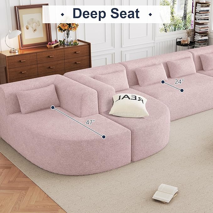 144 Oversized Sectional Couches for Living Room Modern Luxury Chenille 5-Seater Sofa Deep Seat Curved Cloud Couch Modular Sofa with Chaise Lounges &amp 5 Pillows No Assembly Required (Pink)