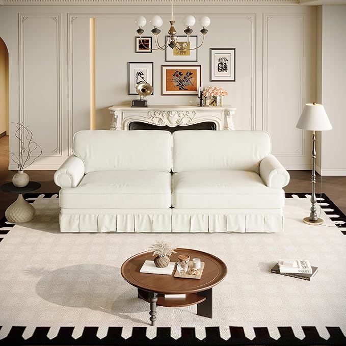 74'' Mid Century Sofa with Pleated Skirt Chenille Cloud Sectional Couch Comfy Love Seat Couches Deep Seat Rolled Arm Vintage Loveseat Sofa for Living Room Apartment Beige