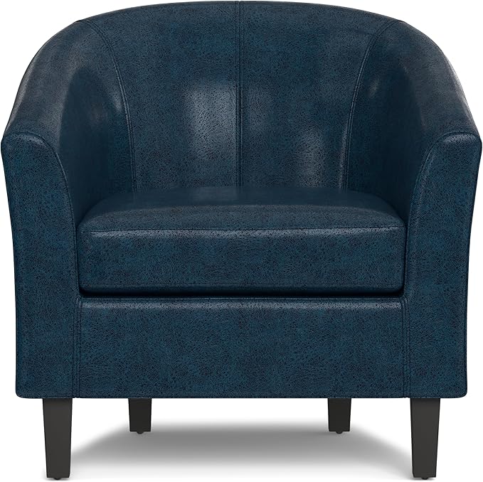 SIMPLIHOME Austin Tub Chair - 30 inch Wide Upholstered Faux Leather Contemporary Accent Chair in Distressed Dark Blue for Living Room or Office with High Arms Removable Cushion and Curved Backrest