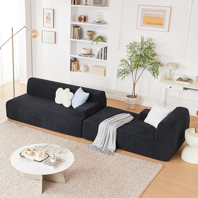 107 Modular Sectional Cloud Couch Boneless couches Sponge sectionals for Living Room High Density Sponges Sofa Modular L-Shape with Chaise Black
