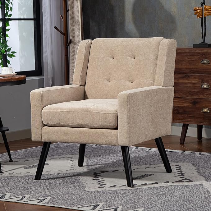 Mid-Century Modern Accent Chair Plush Linen Fabric with Button Tufted High Back &amp 5 Thick Cushion High Comfort Reading Chair for Living Room Bedroom Office (Beige)