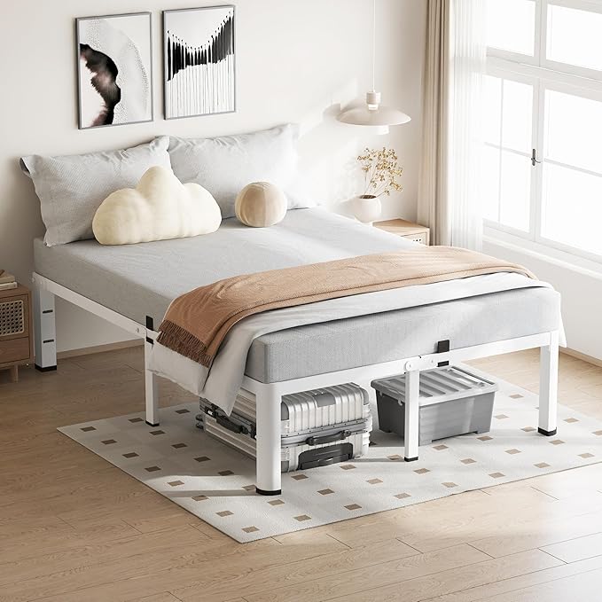 18 Inch King Size White Bed Frame 3500Lbs Heavy Duty Metal Platform with Round Corner Legs Mattress Slide Stopper Steel Slat Support No Box Spring Needed Noise Free Non-Slip Easy Assembly