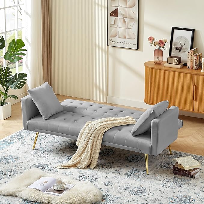 Anwick 72 Modern Velvet Sofa Bed FutonConvertible Folding Sleeper Bed Couches with 3 Adjustable BackrestsTufted Recliner Loveseat with Golden Chrome Legs for Small Living Room Office (Grey)